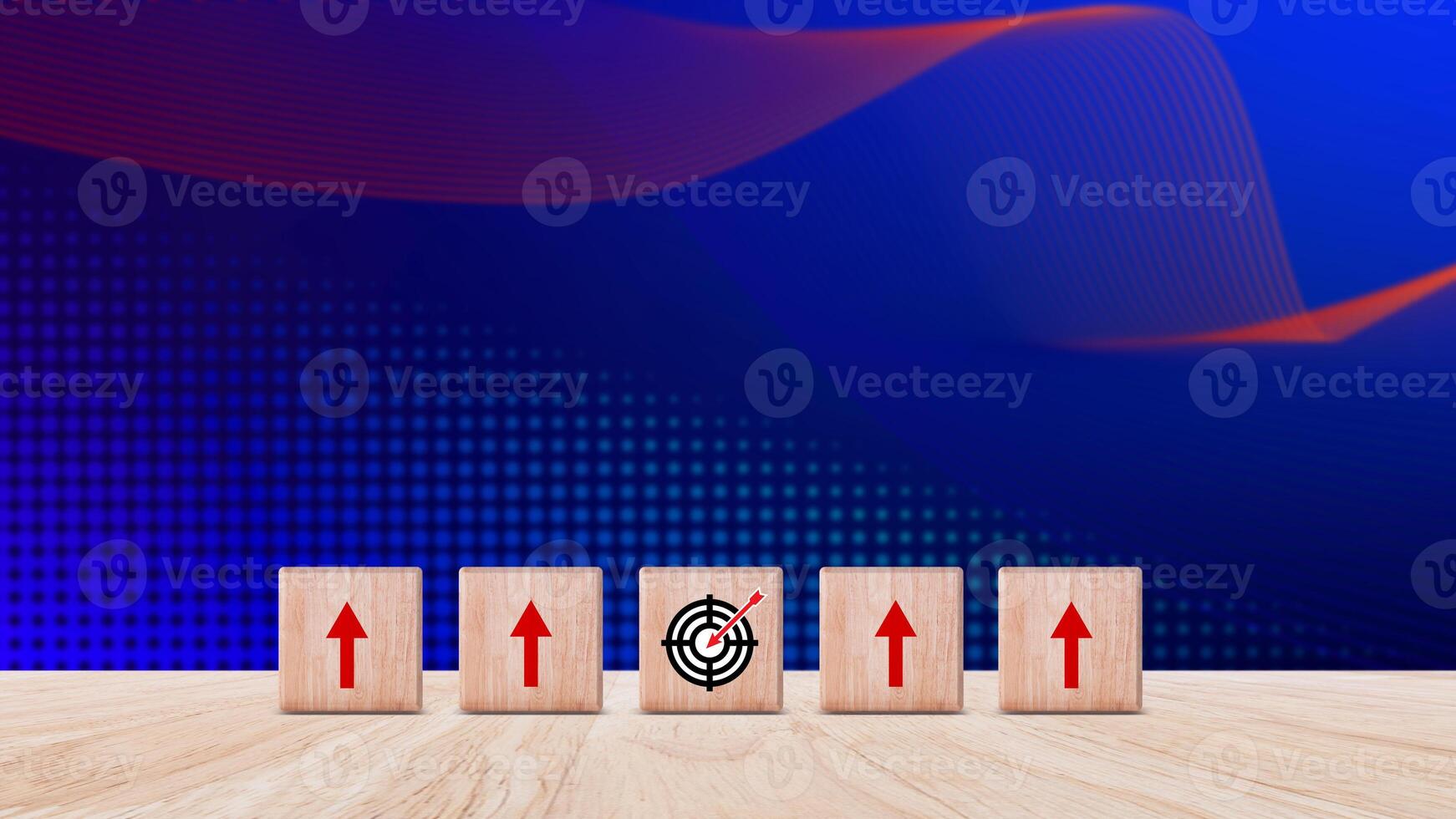 Target concept, objective, virtual target board and rising arrows screen printed on wooden cubes. set goals for business success. photo