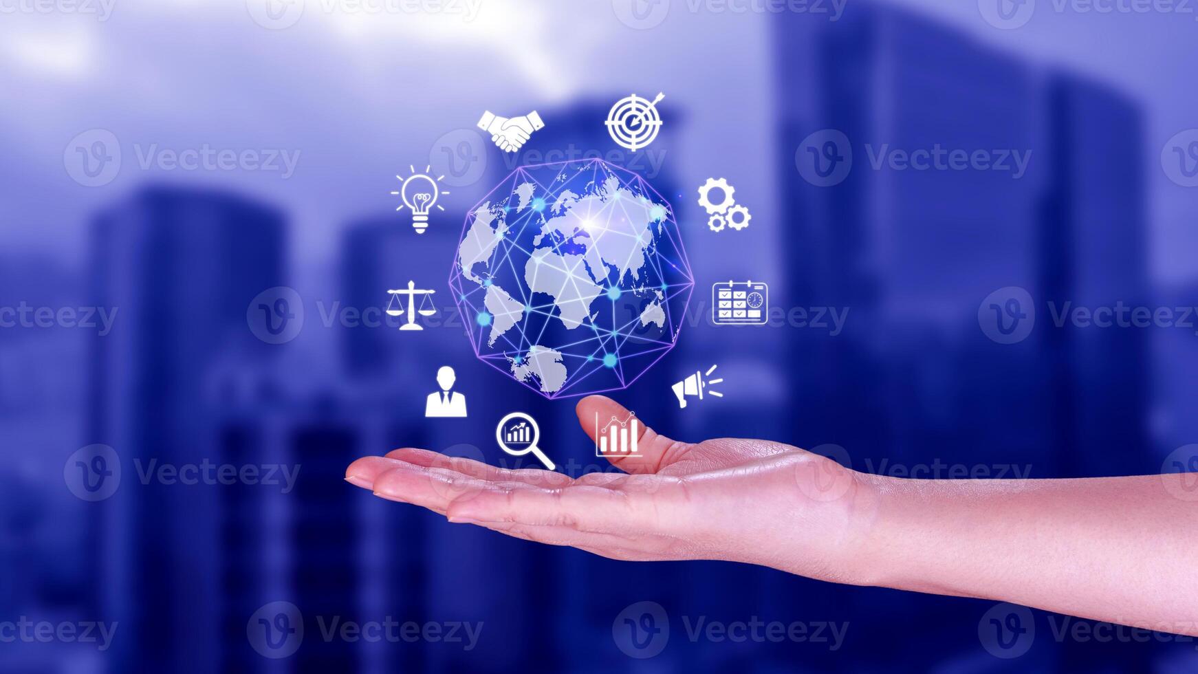 Hand holding virtual Global Internet connection metaverse, Business global internet connection application technology and digital marketing, Financial and banking, Digital link tech, big data. photo