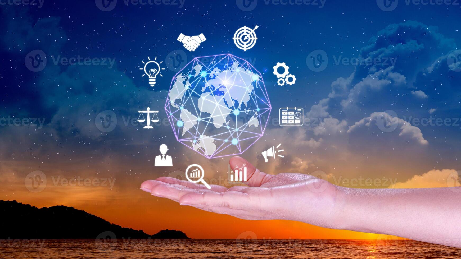 Hand holding virtual Global Internet connection metaverse, Business global internet connection application technology and digital marketing, Financial and banking, Digital link tech, big data. photo