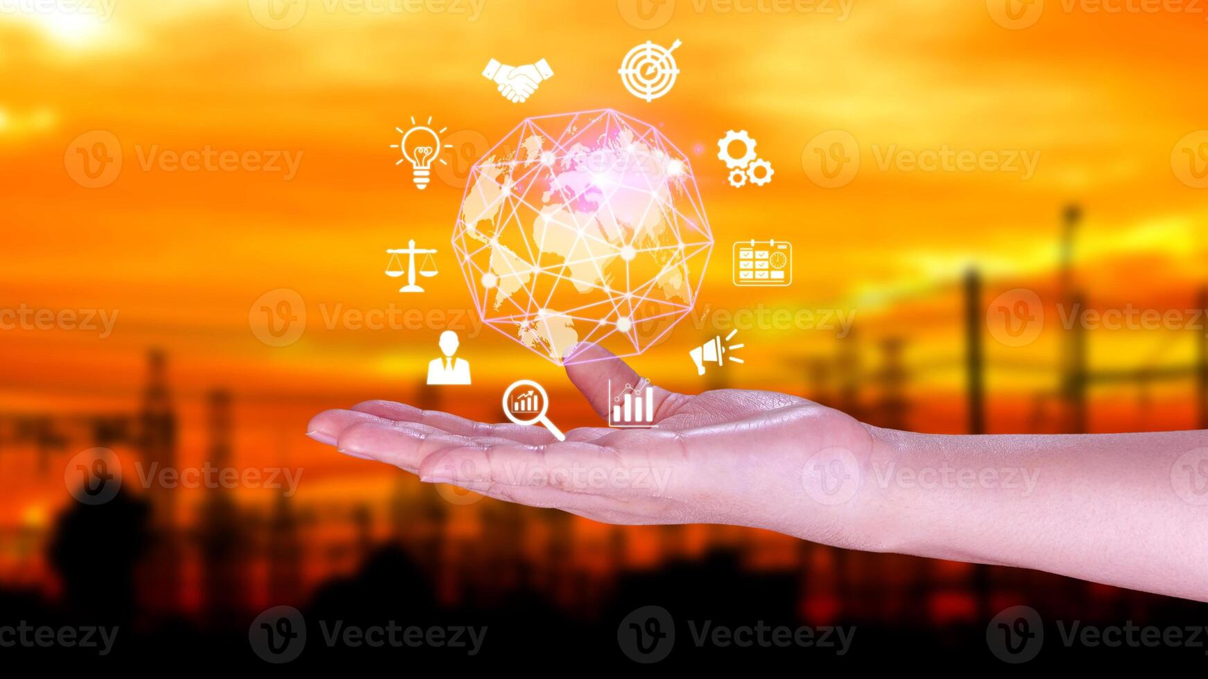 Hand holding virtual Global Internet connection metaverse, Business global internet connection application technology and digital marketing, Financial and banking, Digital link tech, big data. photo