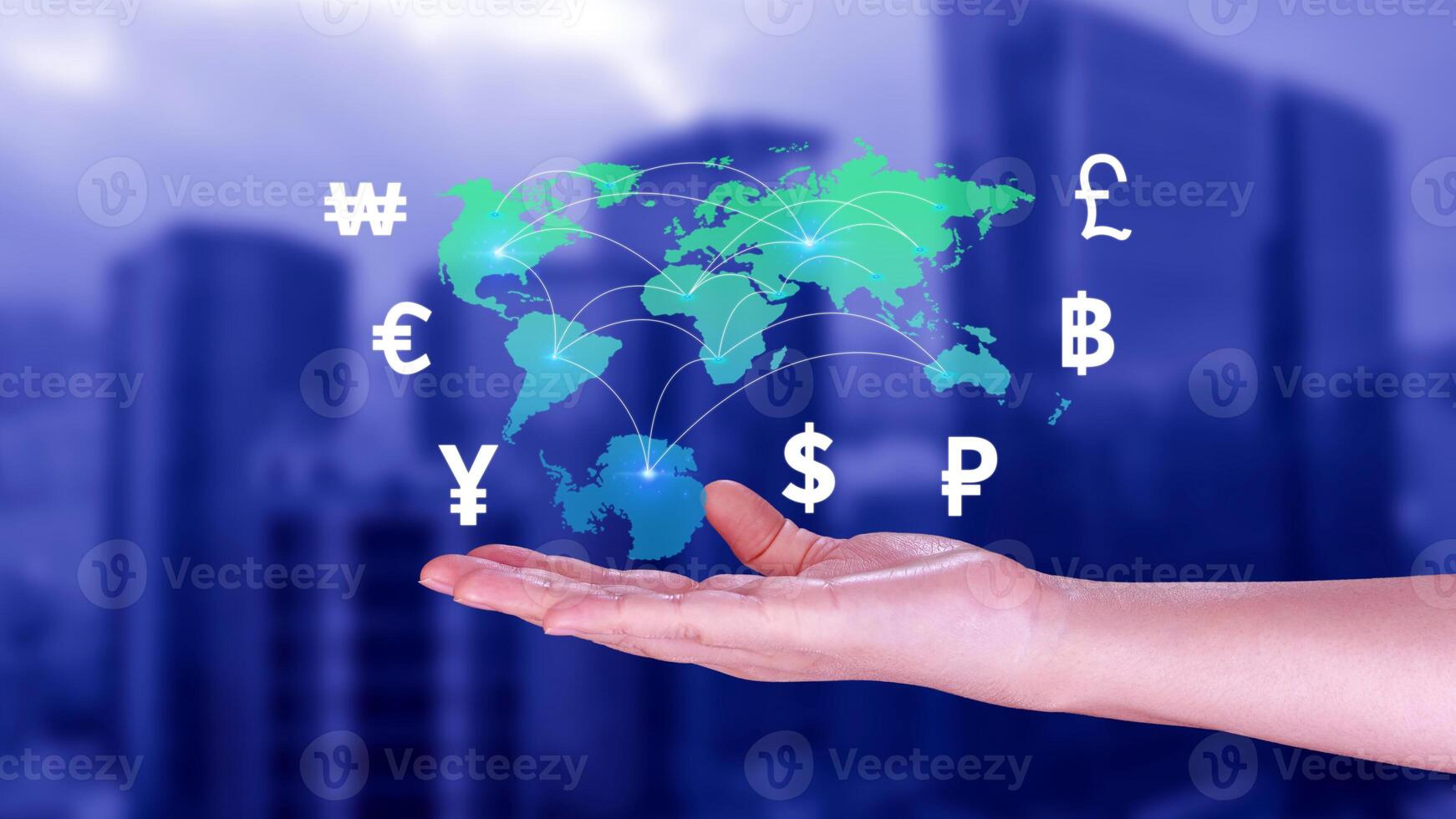 Businessman holding to money transfers and currency exchanges between countries of the world, online banking interbank payment concept. photo
