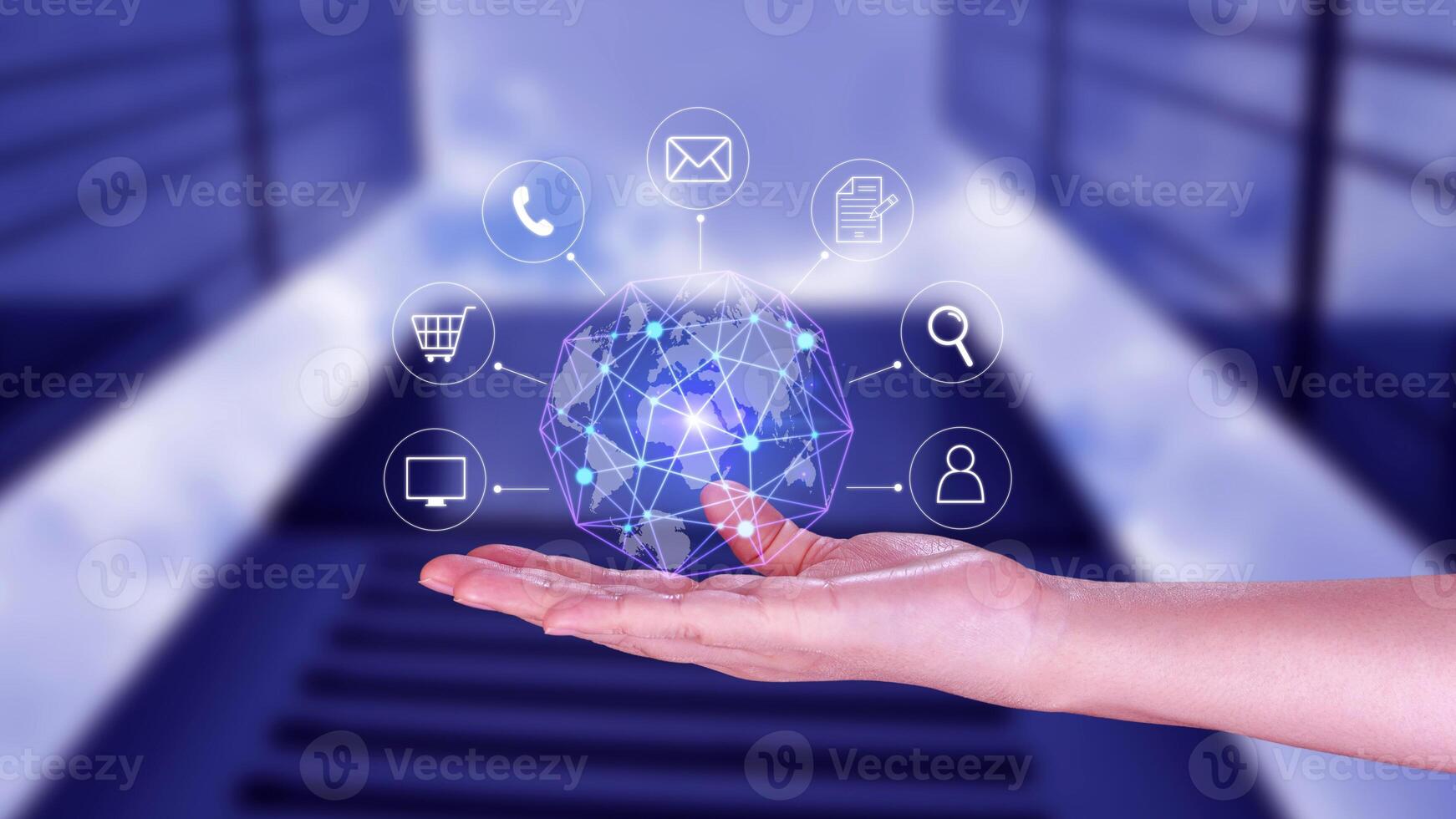 Hand holding Global network connection digital business hologram, Big data analytics and business intelligence concept, Ecommerce, online marketing technology concept. photo