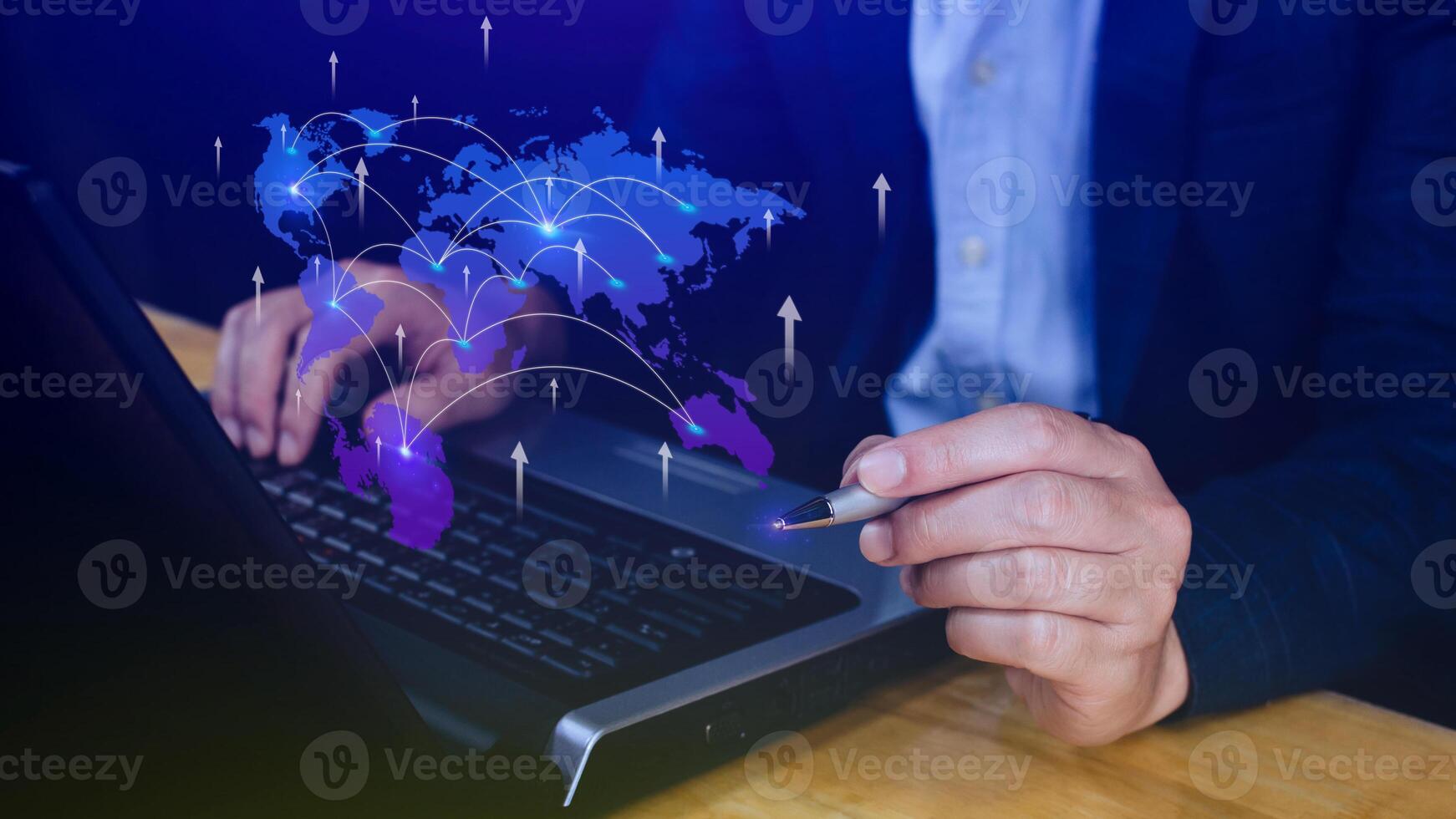 Global business, E-commerce, online marketing concept, Businessman using digital tablet touching on virtual screen with world map on business market place. photo
