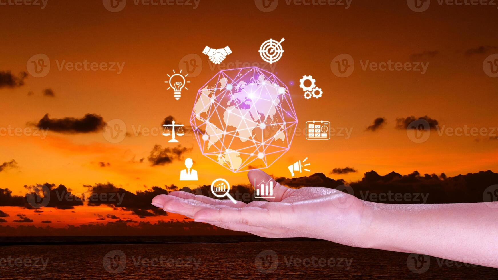 Hand holding virtual Global Internet connection metaverse, Business global internet connection application technology and digital marketing, Financial and banking, Digital link tech, big data. photo