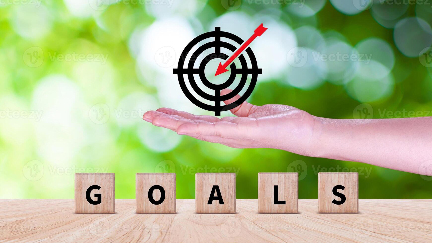 Hands place virtual target board and arrows on wooden block, Business success goals and objective goal concept, Achieving goals and objectives or goal setting concept. photo