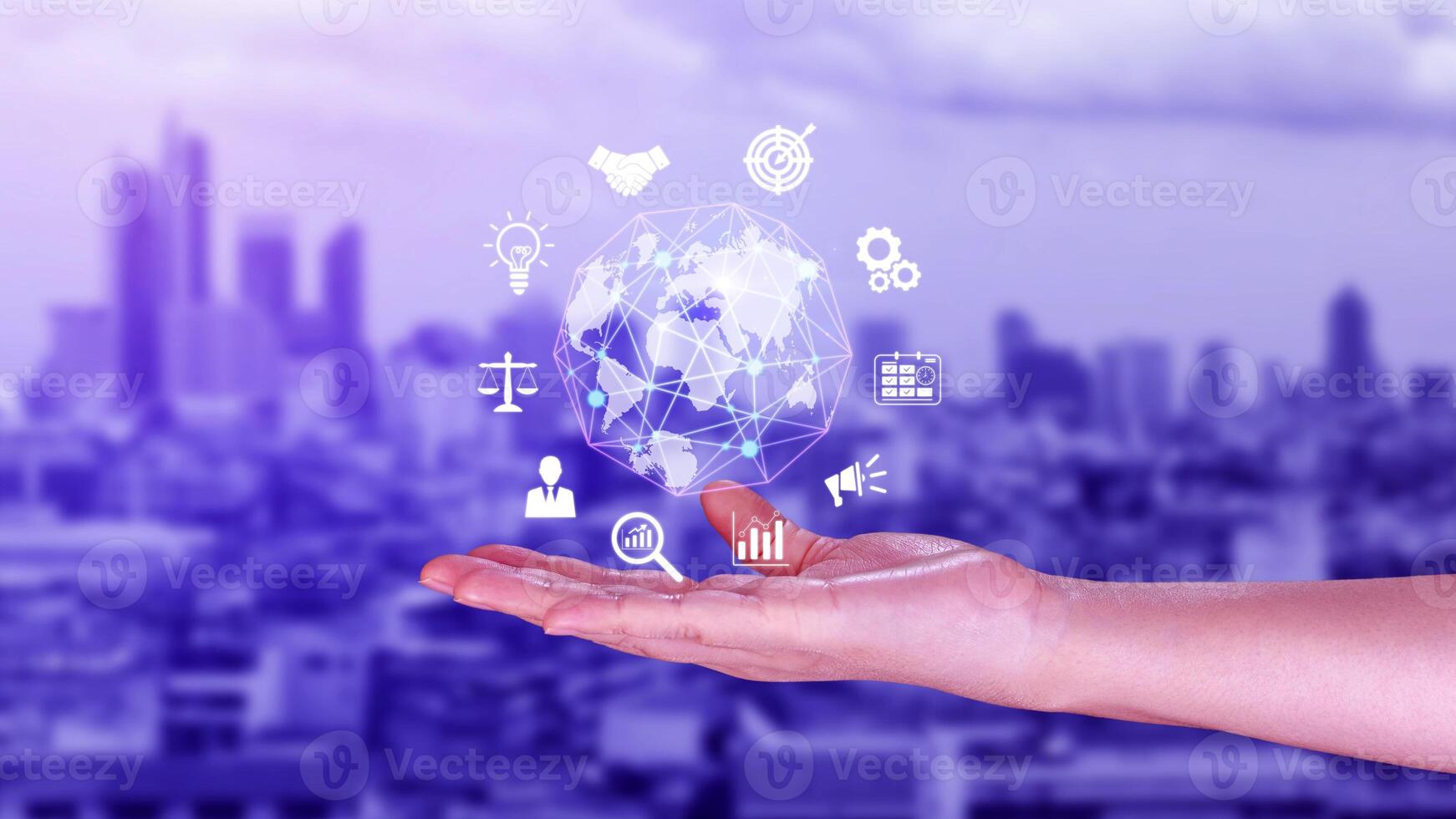 Hand holding virtual Global Internet connection metaverse, Business global internet connection application technology and digital marketing, Financial and banking, Digital link tech, big data. photo