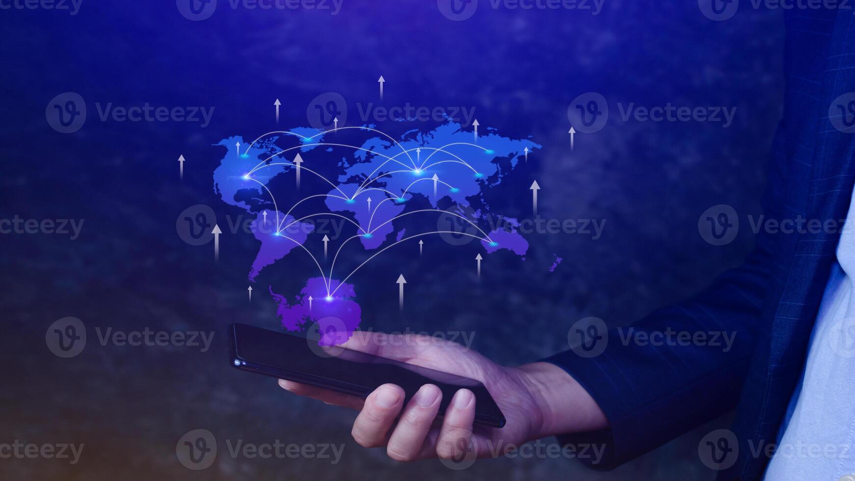 Global business, E-commerce, online marketing concept, Businessman using digital tablet touching on virtual screen with world map on business market place. photo