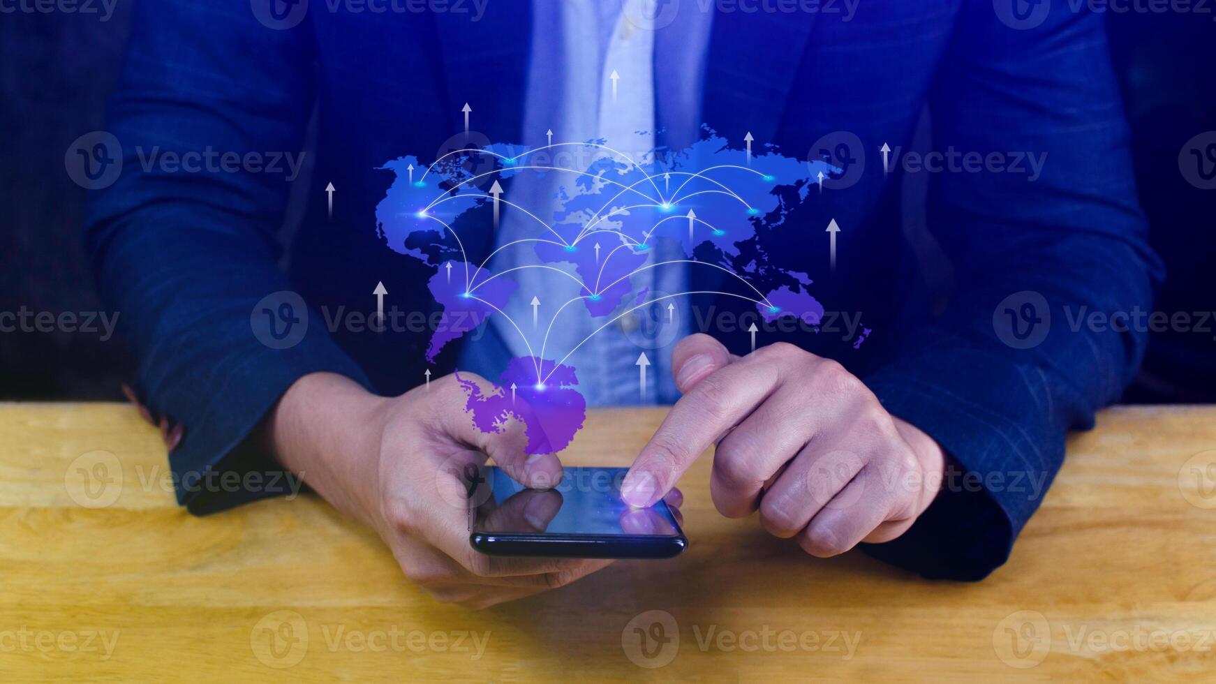 Global business, E-commerce, online marketing concept, Businessman using digital tablet touching on virtual screen with world map on business market place. photo