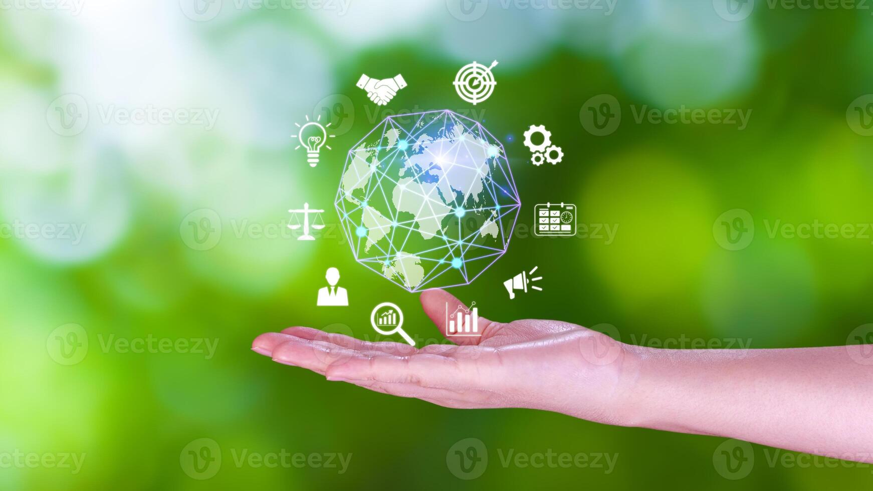 Hand holding virtual Global Internet connection metaverse, Business global internet connection application technology and digital marketing, Financial and banking, Digital link tech, big data. photo