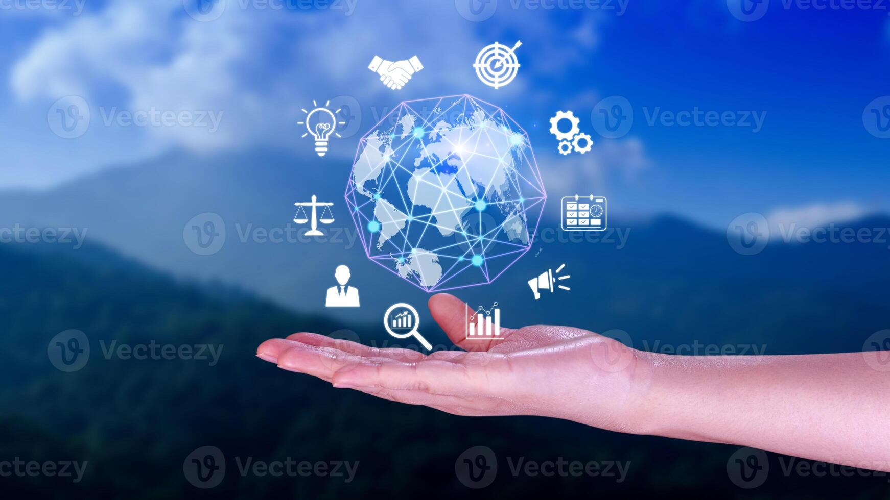 Hand holding virtual Global Internet connection metaverse, Business global internet connection application technology and digital marketing, Financial and banking, Digital link tech, big data. photo