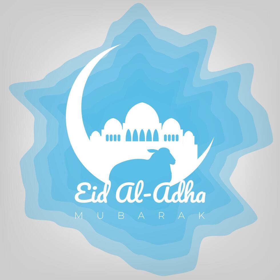 Eid al-adha Mubarak illustration in abstract background with sheep, mosque, and crescent vector