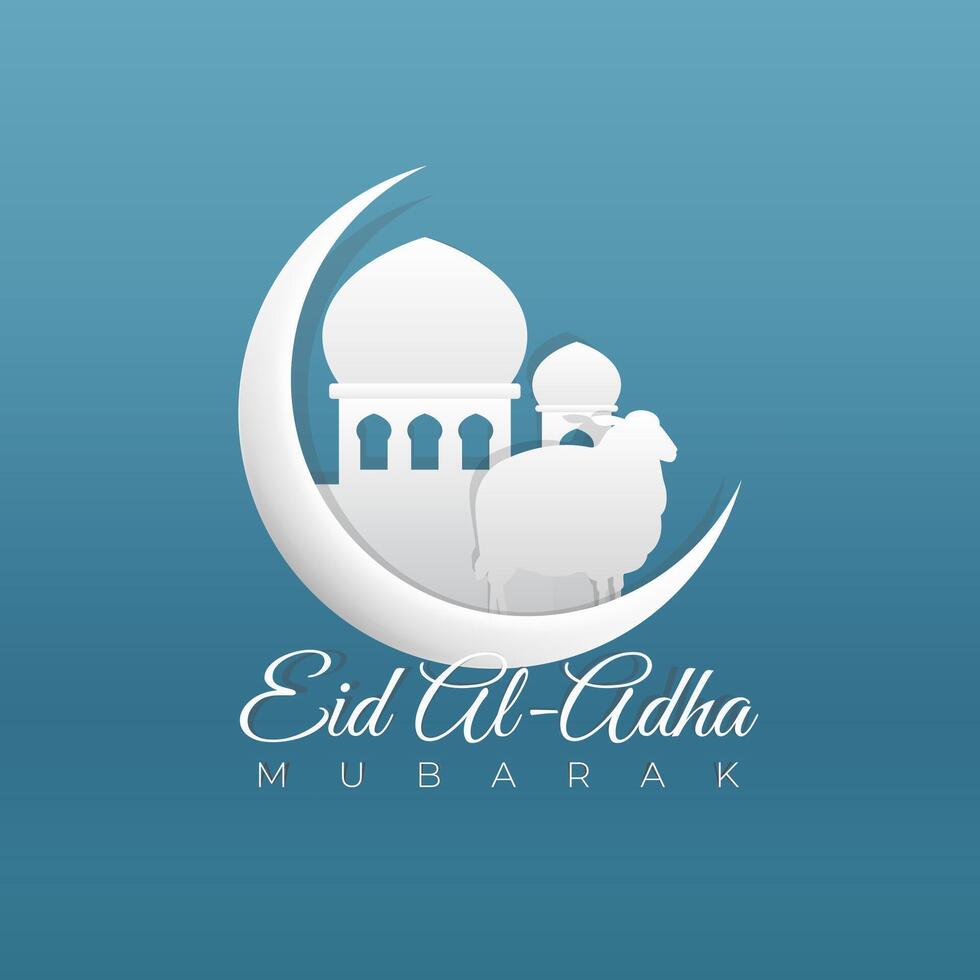 Eid al-adha mubarak illustration in simple papercut style with sheep, mosque, and crescent vector