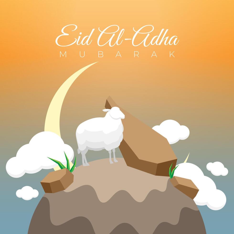 Eid al-adha mubarak illustration in cartoon style with sheep, clouds, crescent vector