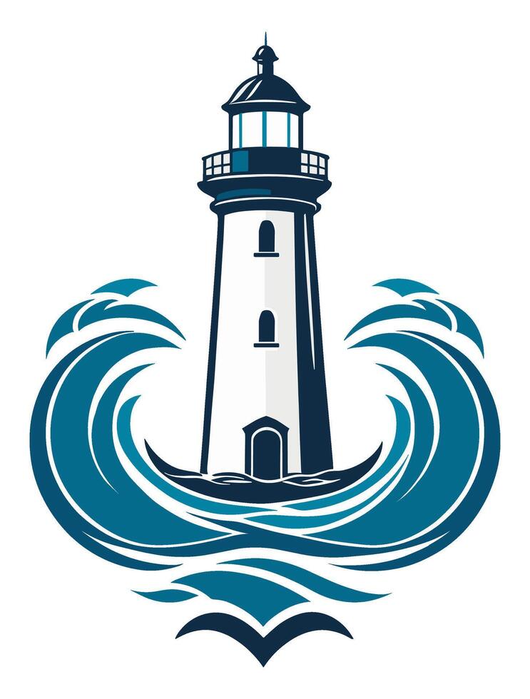 Lighthouse illustration with ocean waves. vector