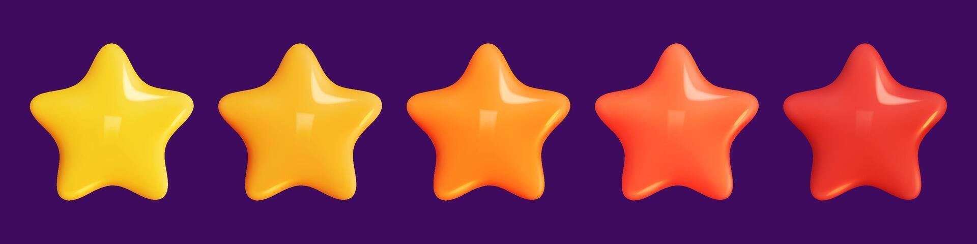 Star 3D Review plastic render. Set star for feedback and rank. 3d cartoon game element. Shape for app and game design. illustration. vector