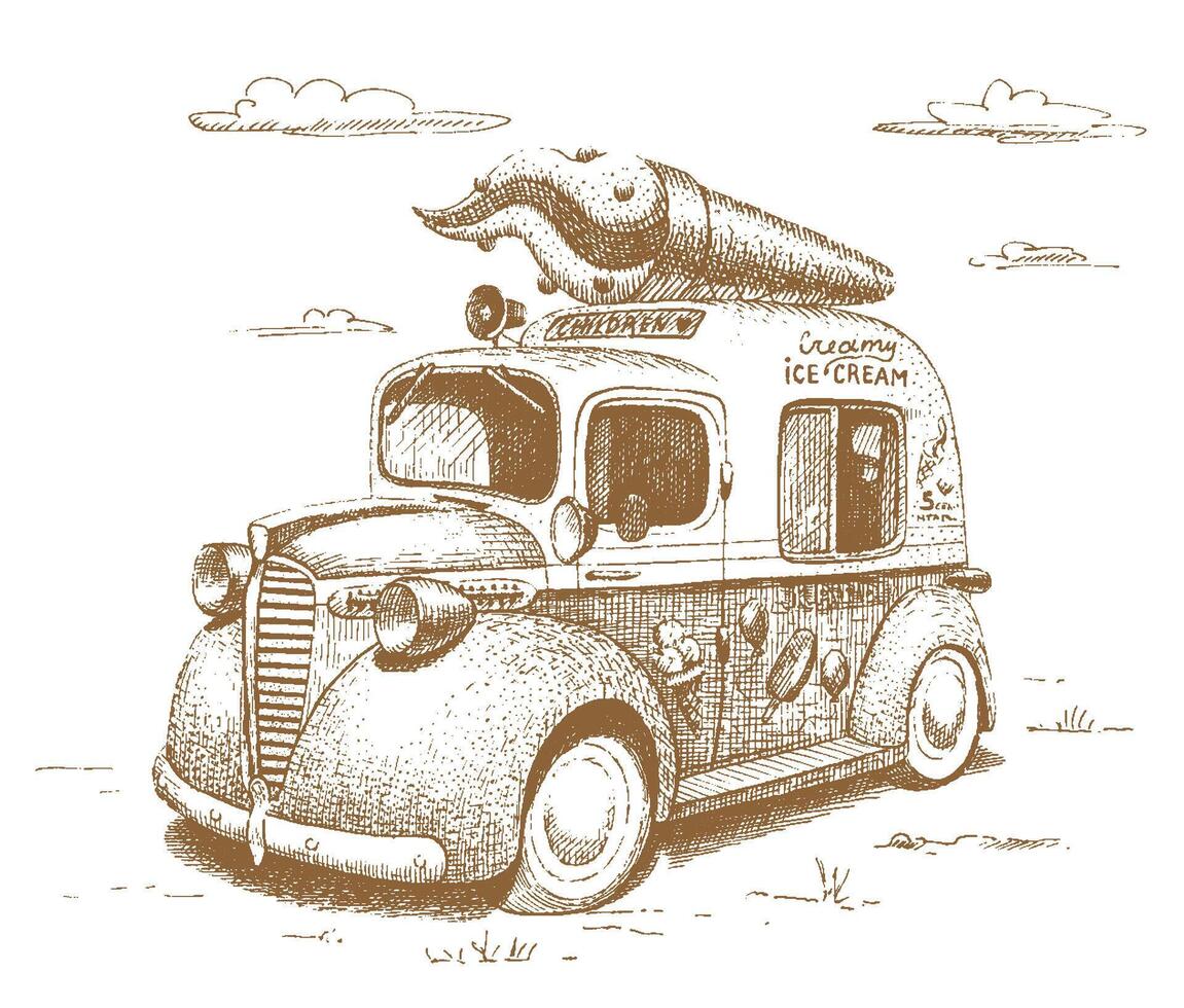 Ice cream vendor truck drawn by hand vector