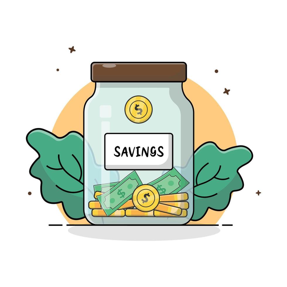 Money and Gold Coin in Glass Jar. Money Saving Concept vector