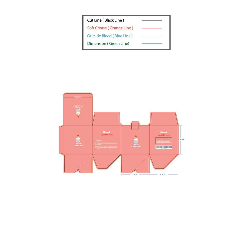Candle Packaging box Size 4x4x4 inch dieline template, design vector