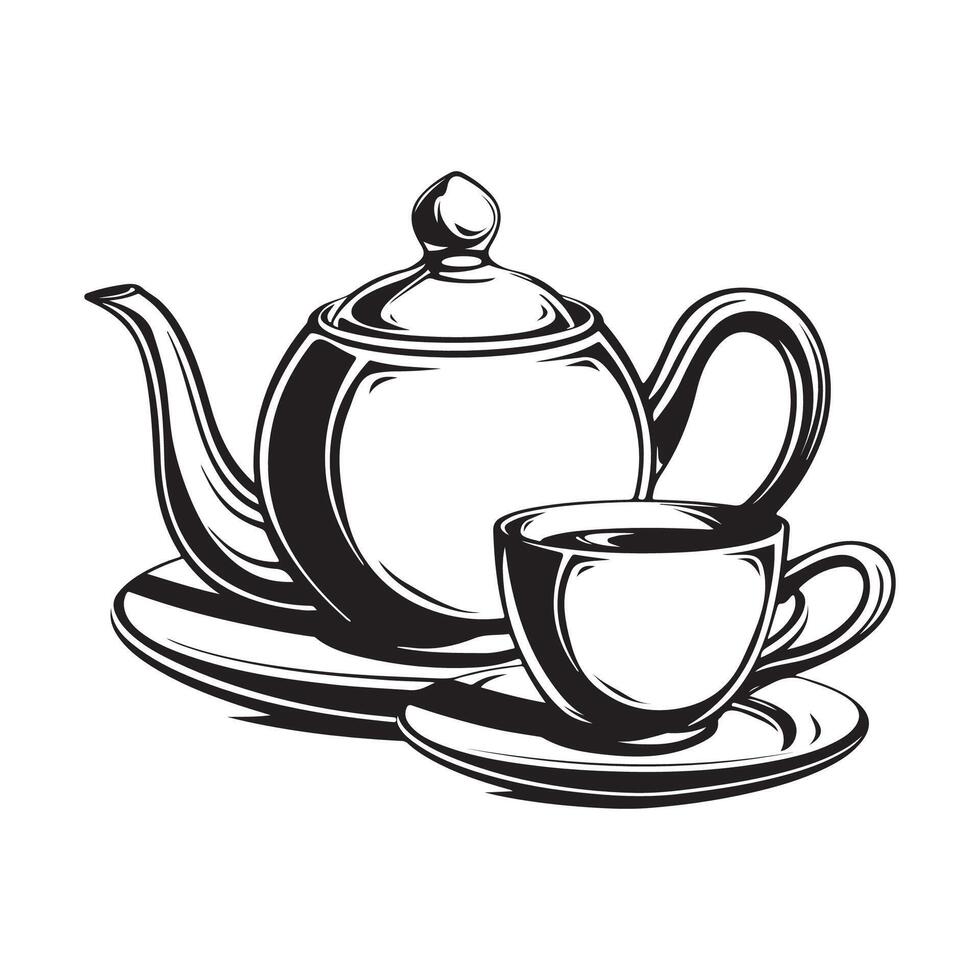 Tea cup and teapot black image. Tea pot and hot mug design Stock Image and Art vector
