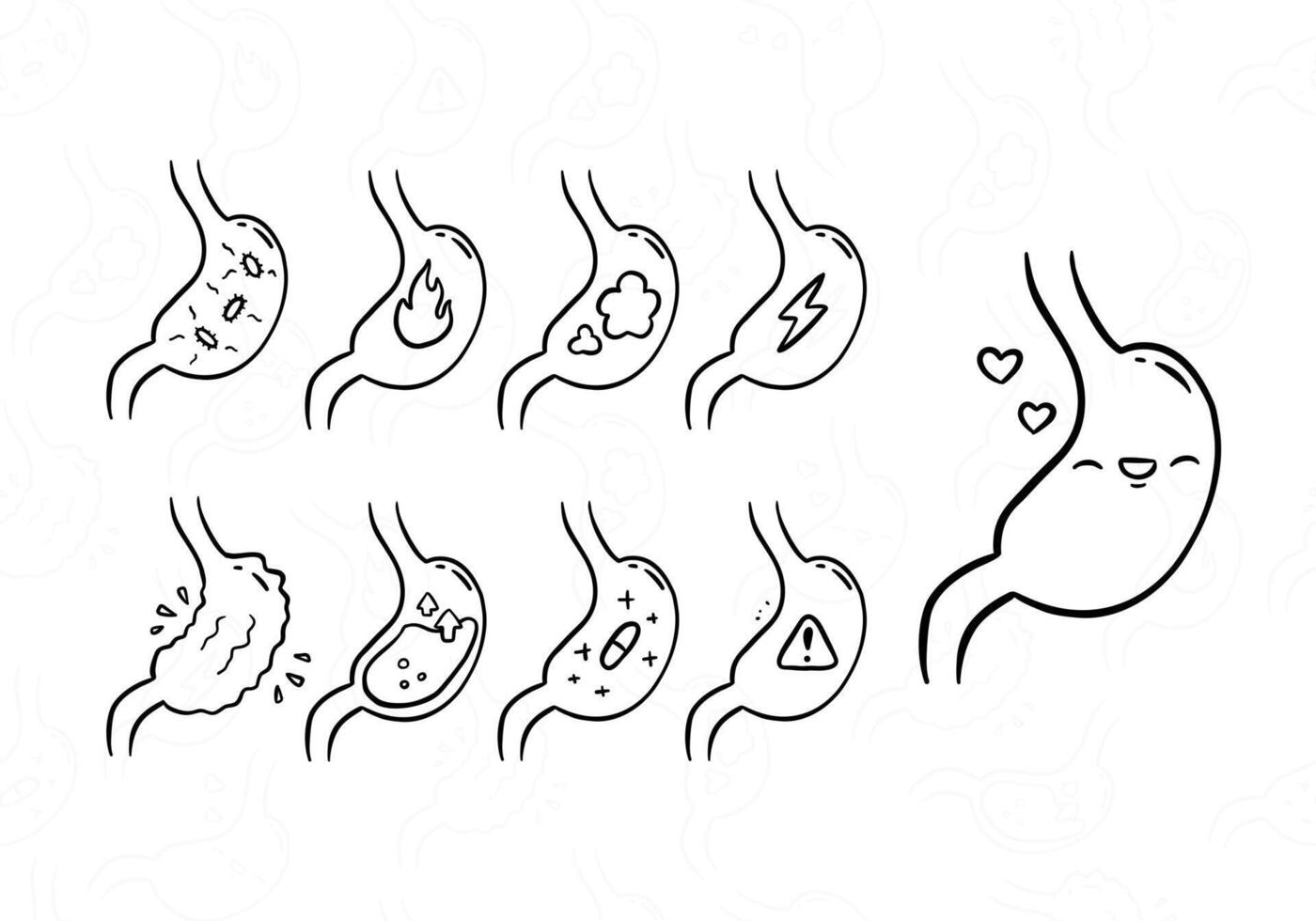 cartoon stomach problem icon illustration doodle set vector