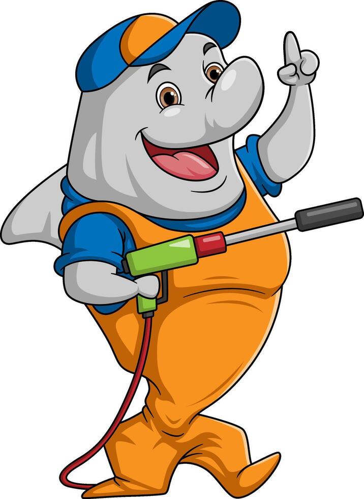 A shark cartoon mascot for car wash holding a High Pressure washer gun Jet Spray vector