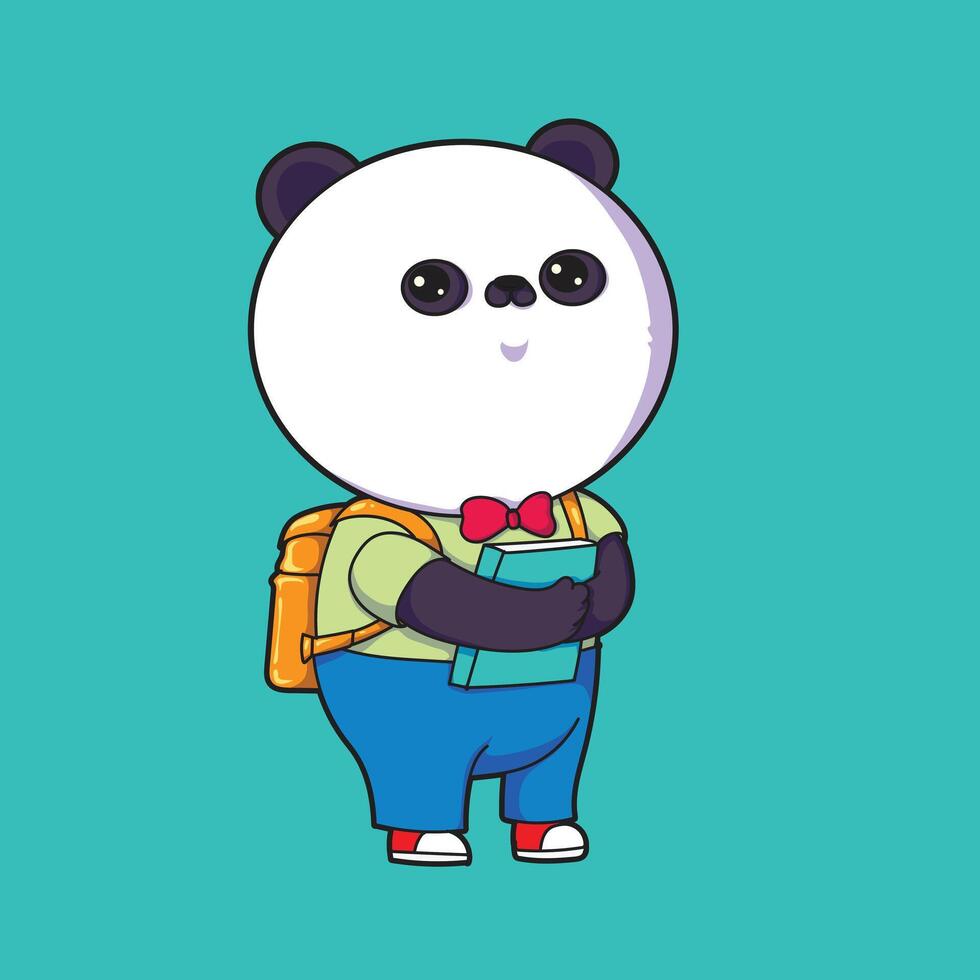 image of a cute panda ready for school with a yellow backpack and carrying books. vector