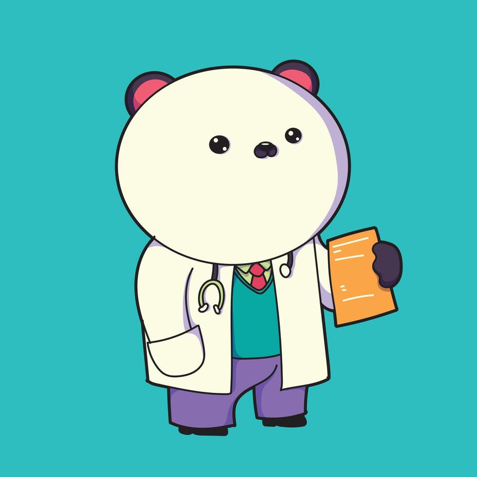 cartoon image of a panda becoming a doctor. with a stethoscope and a book in his hand vector