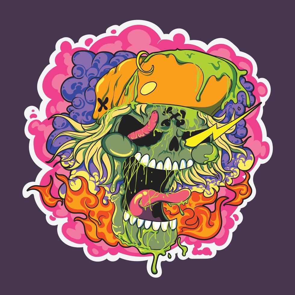 image of a skull with a hat, purple smoke and fire. and lightning and worms in his eyes. suitable for stickers or t-shirt designs vector