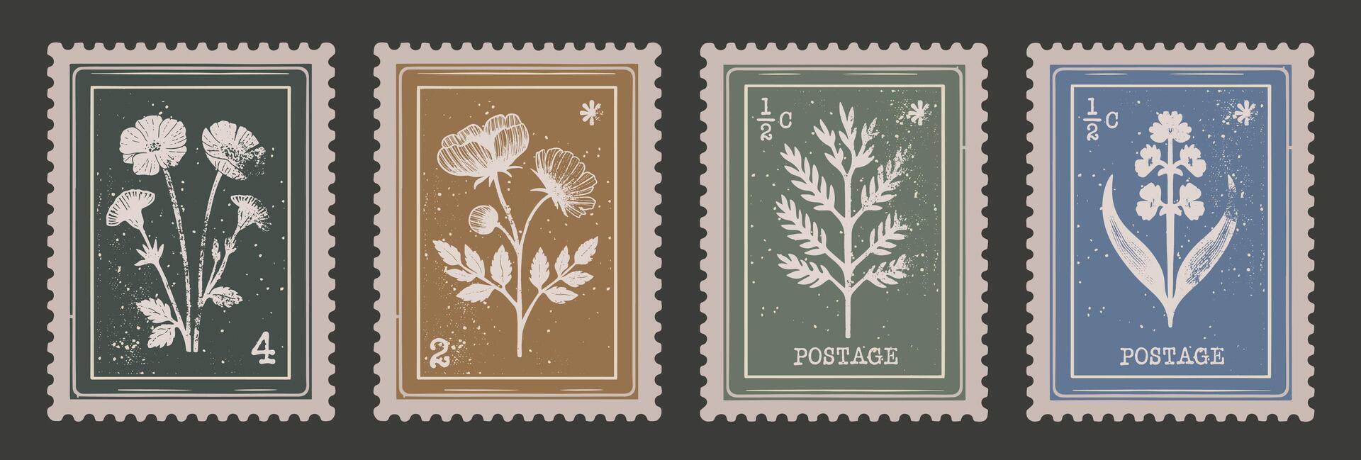 Retro Floral Postage Stamp Collection. Set of Vintage Scrapbooking Post Mail Elements vector