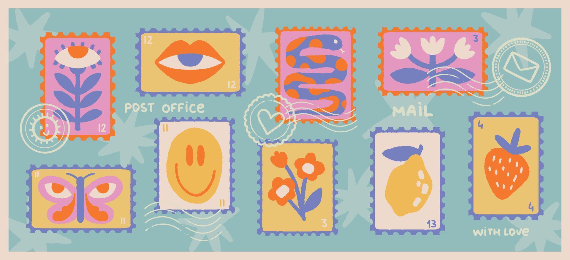 Funky Postage Stamps Collection. Charming and Playful Scrapbook elements for Digital Collages vector