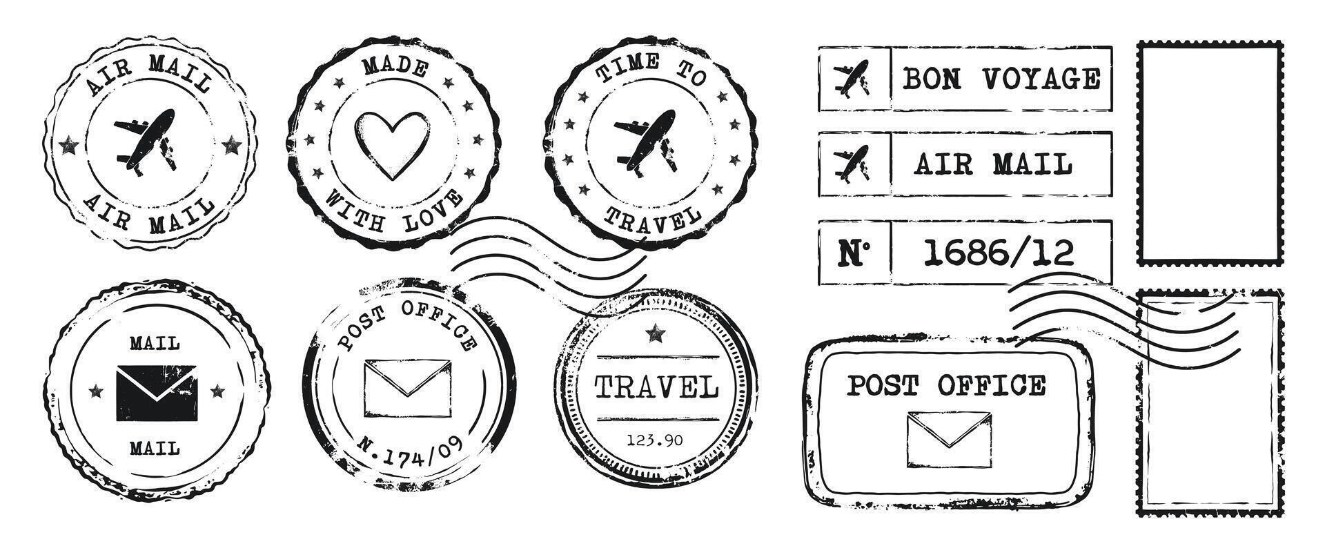 Collection of Vintage Postal Stamps and Postmarks featuring Airplanes, Hearts, and text, in black ink. Retro grunge Scrapbook elements vector