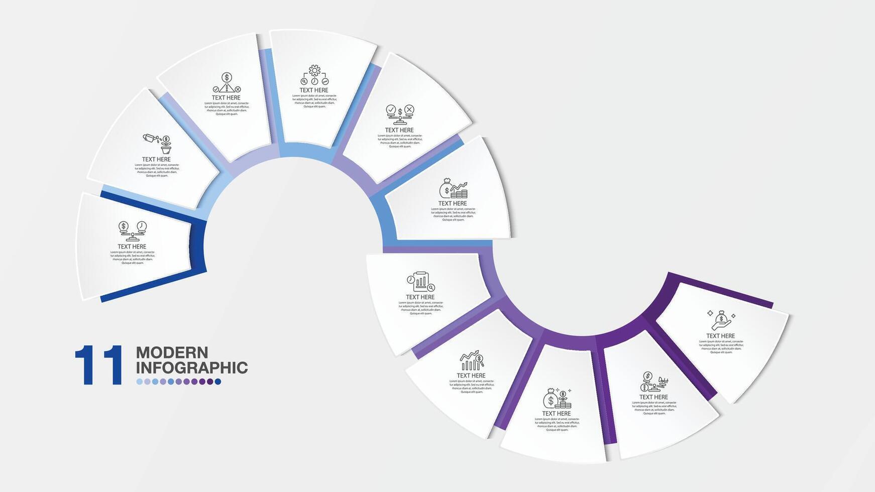 Blue tone circle infographic with 11 steps, process or options. vector