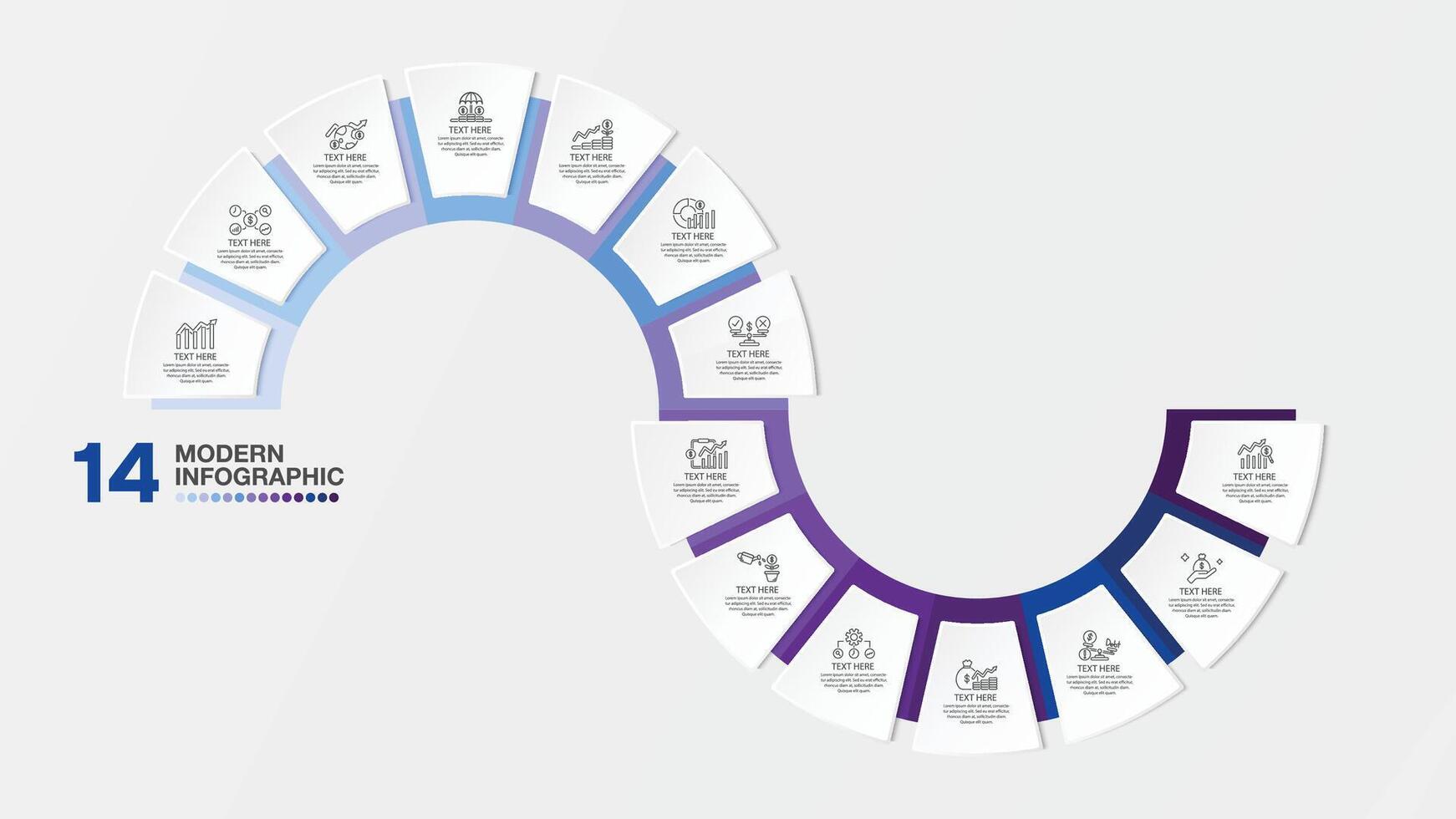 Blue tone circle infographic with 14 steps, process or options. vector