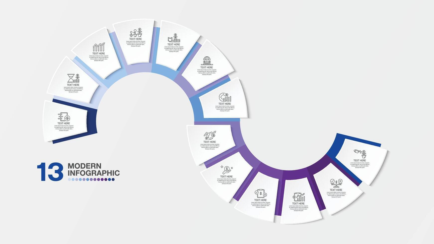 Blue tone circle infographic with 13 steps, process or options. vector