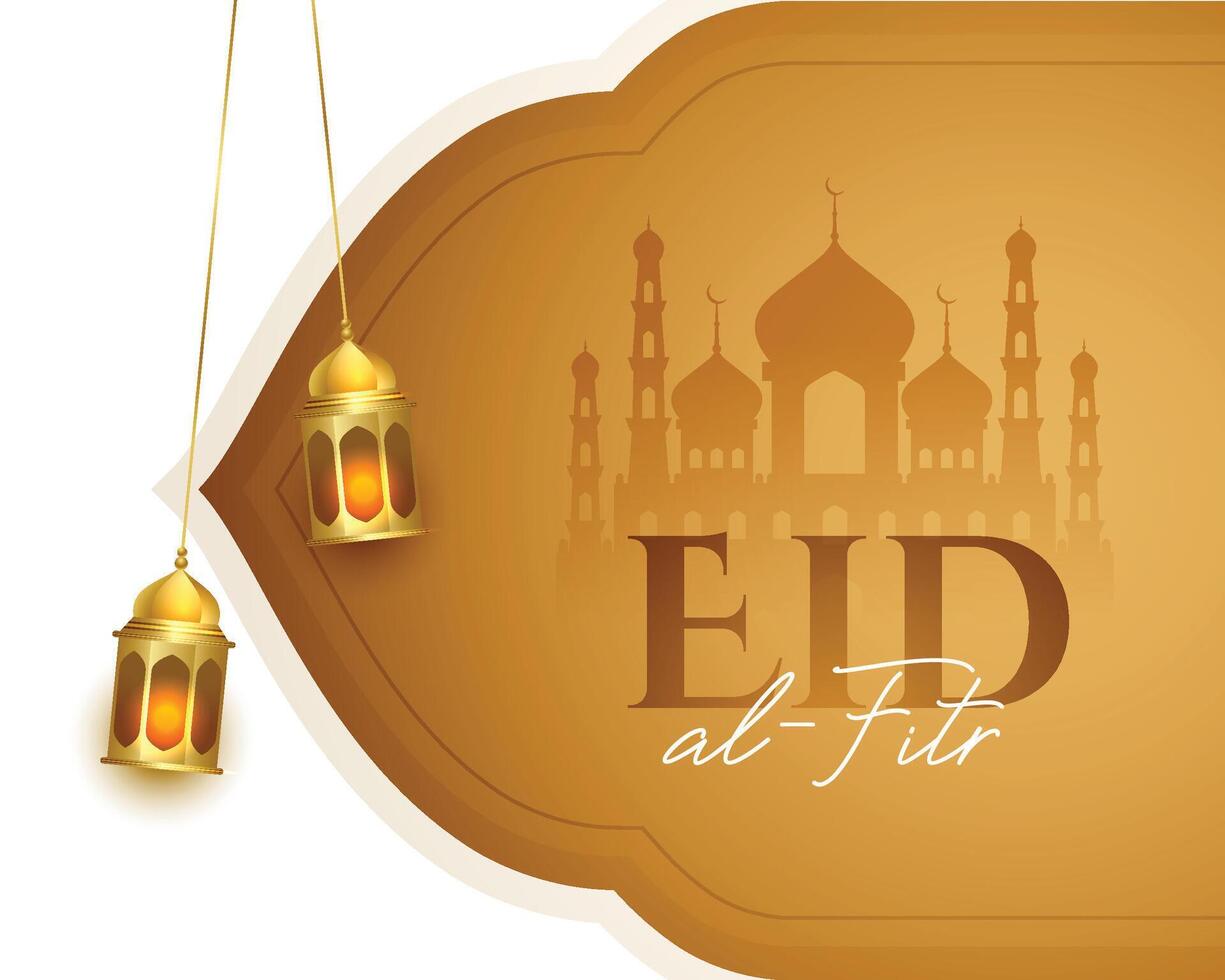 eid al fitr celebration card with hanging lamp design vector