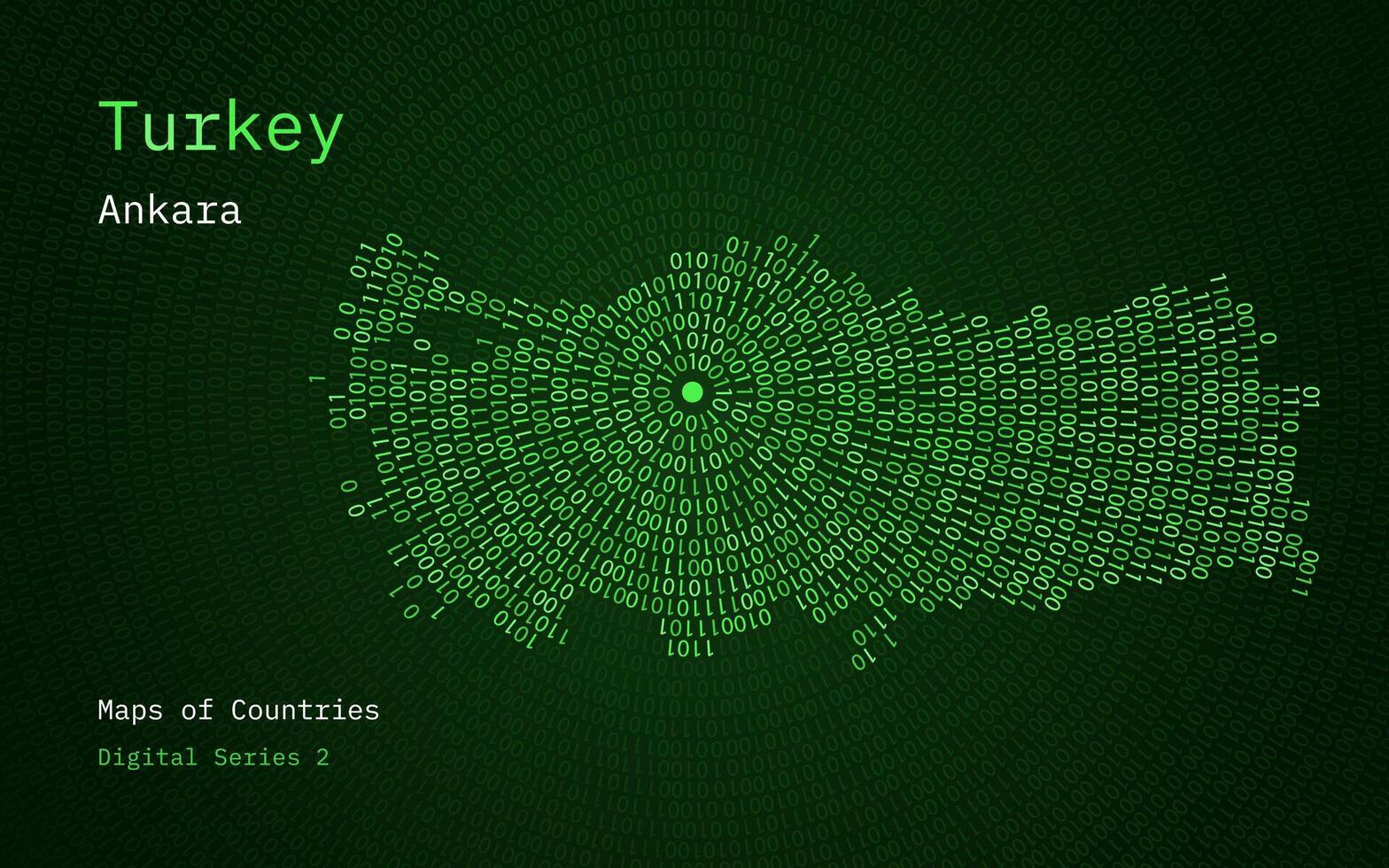 A map of Turkey depicted in zeros and ones in the form of a circle. The capital, Ankara, is shown in the center of the circle vector