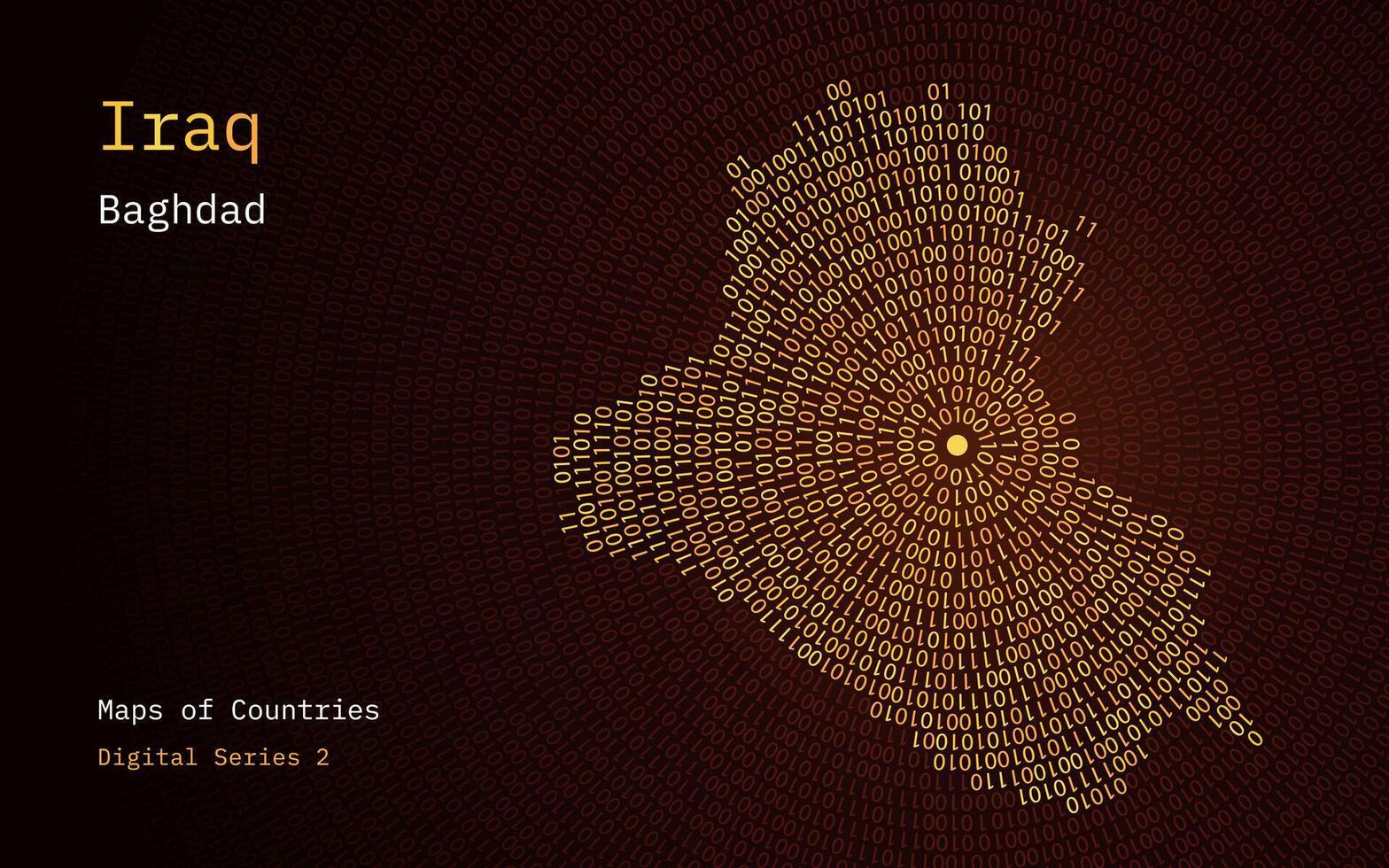 A map of Iraq depicted in zeros and ones in the form of a circle. The capital, Baghdad, is shown in the center of the circle vector