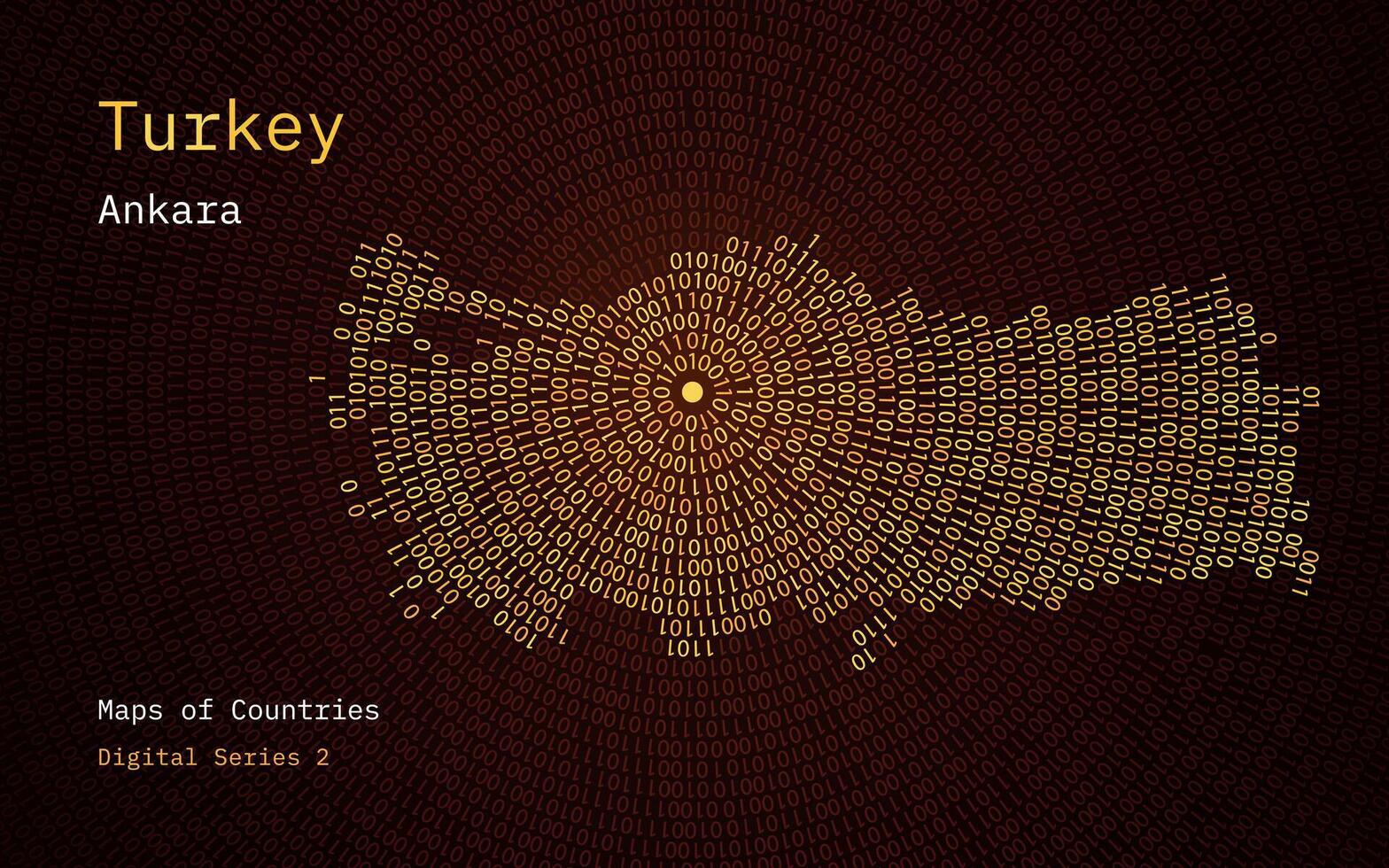 A map of Turkey depicted in zeros and ones in the form of a circle. The capital, Ankara, is shown in the center of the circle vector