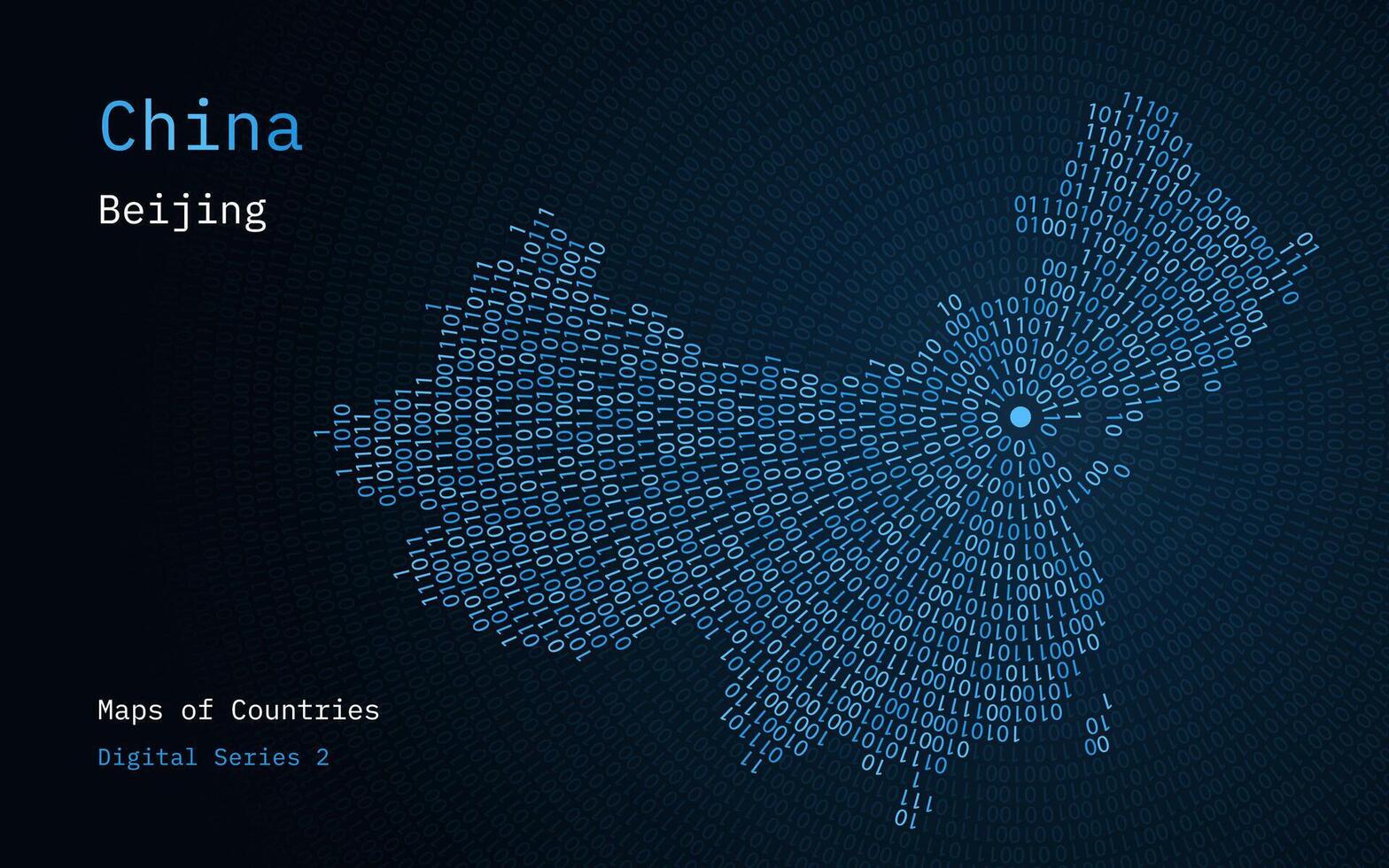 un mapa de China representado en ceros y unos en el formar de un círculo. el capital, Beijing, es mostrado en el centrar de el circulo vector