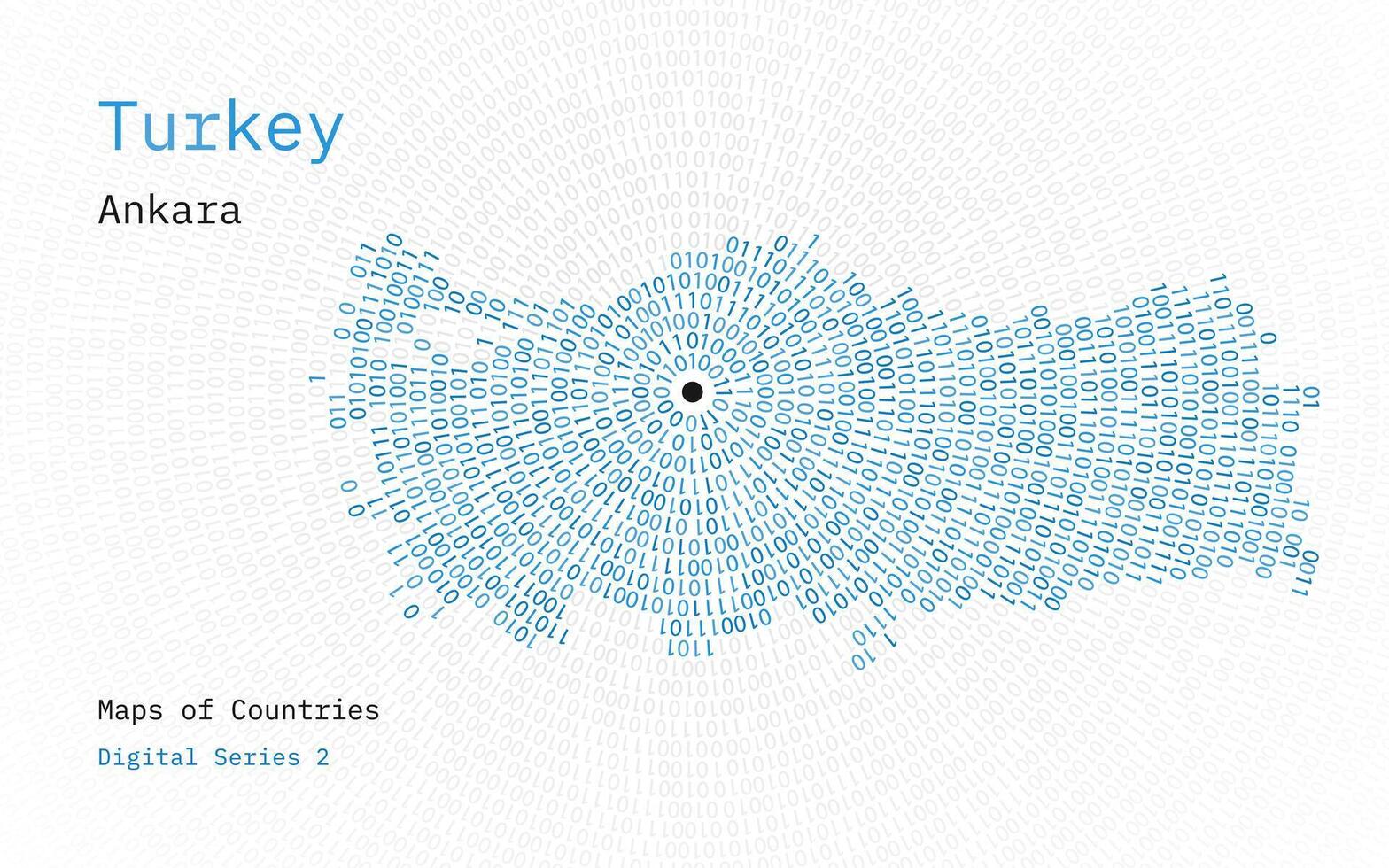 A map of Turkey depicted in zeros and ones in the form of a circle. The capital, Ankara, is shown in the center of the circle vector