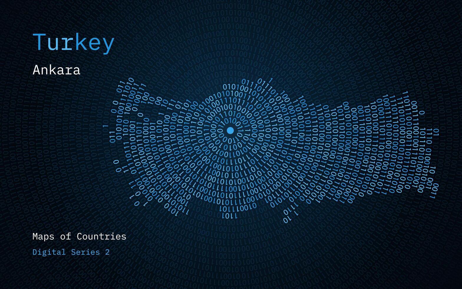 A map of Turkey depicted in zeros and ones in the form of a circle. The capital, Ankara, is shown in the center of the circle vector
