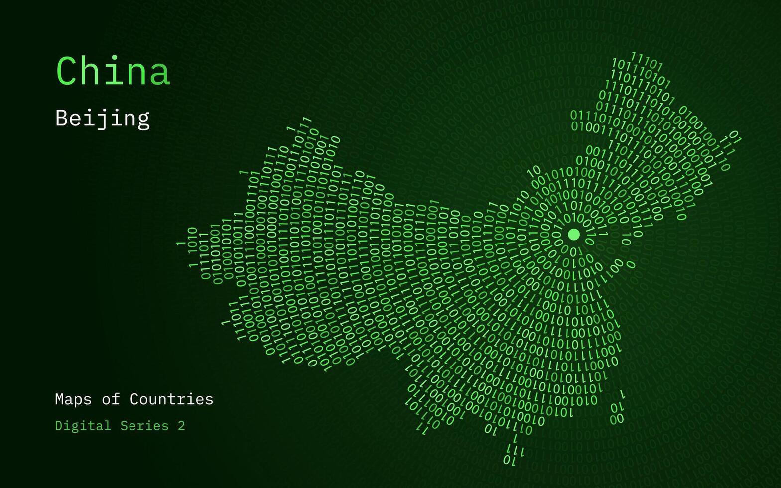 un mapa de China representado en ceros y unos en el formar de un círculo. el capital, Beijing, es mostrado en el centrar de el circulo vector