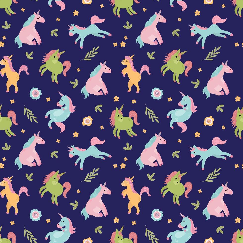 Seamless pattern with cute unicorns. A mythological and magical creature. Design for fabric, textiles, wallpaper, packaging. vector