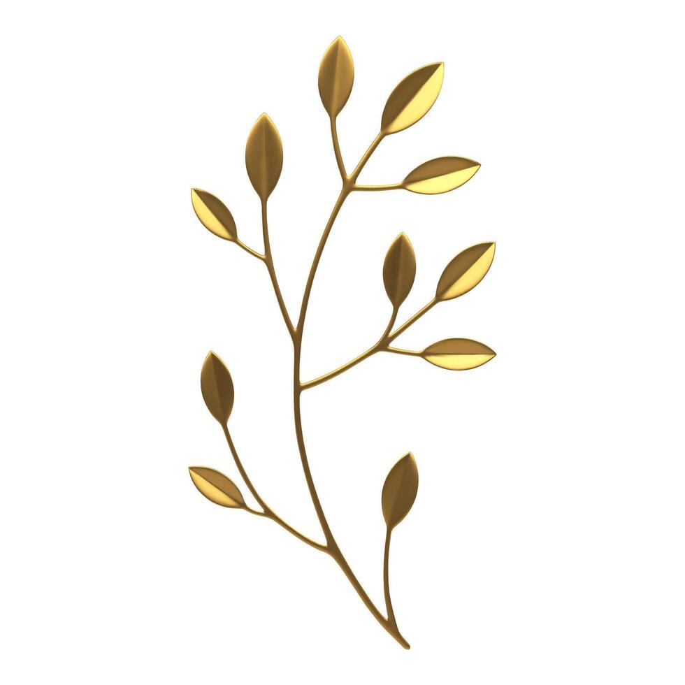 Plant tree branch wooden stem golden leaves metallic floristic composition design 3d icon vector