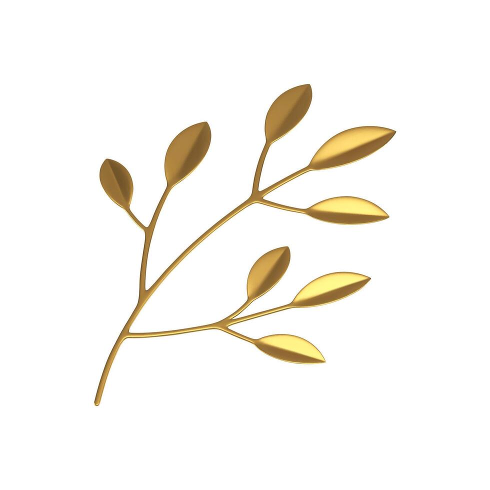 Golden tree branch with curved stem and leaves organic premium botanical decor 3d icon vector