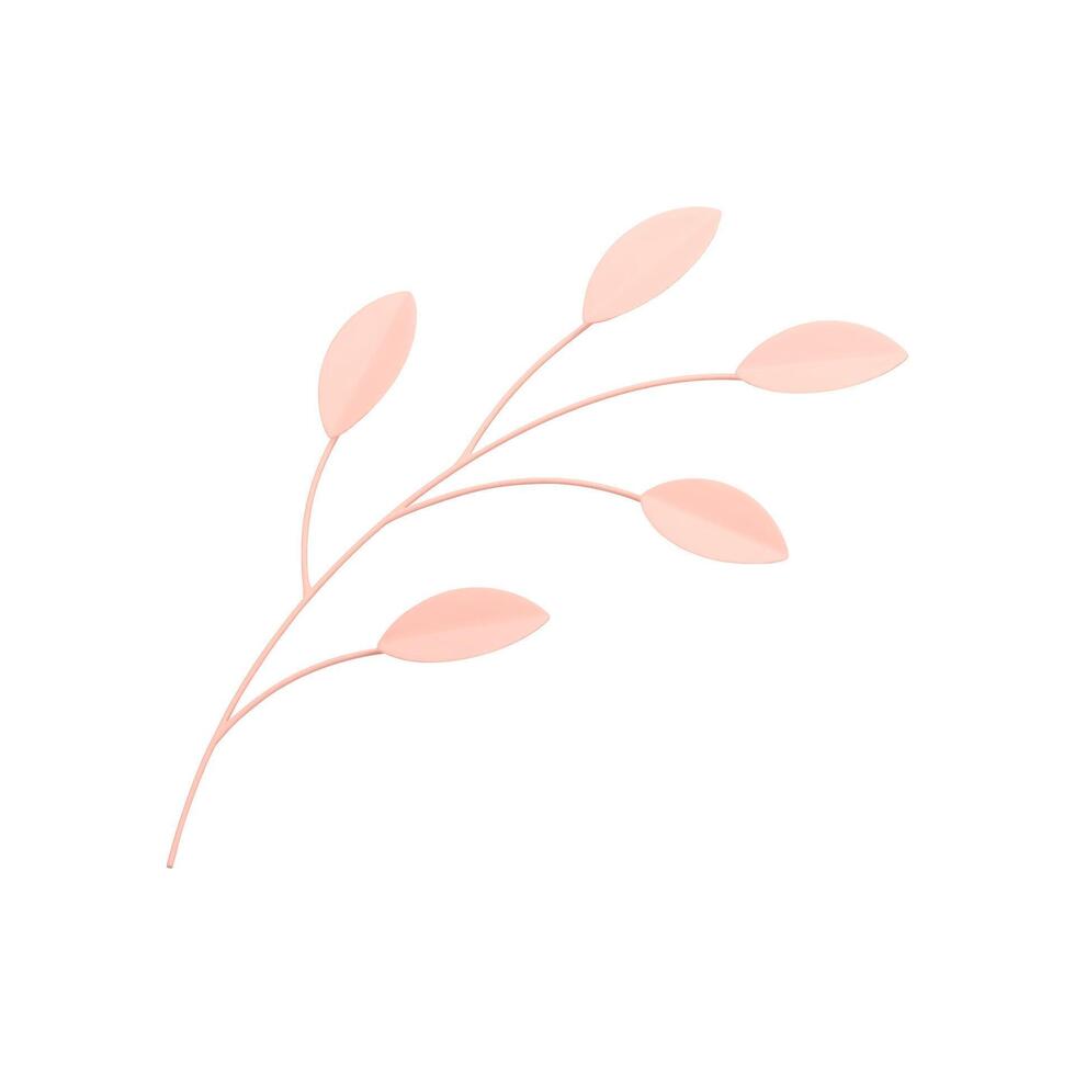 Natural tree branch with leaves pink cute elegant decor element botanical design 3d icon vector