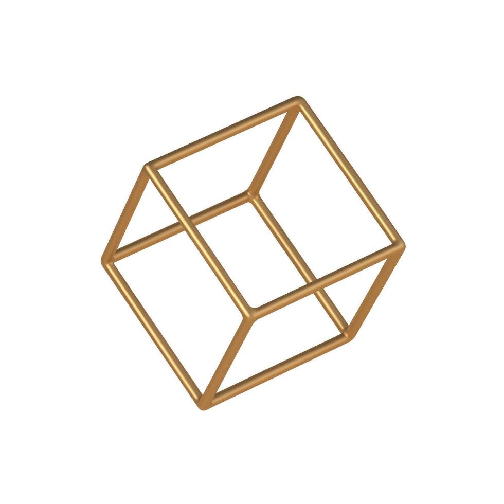 Golden linear 3d cube template. Geometric design piece with graphic perspective for creative digital interiors. vector