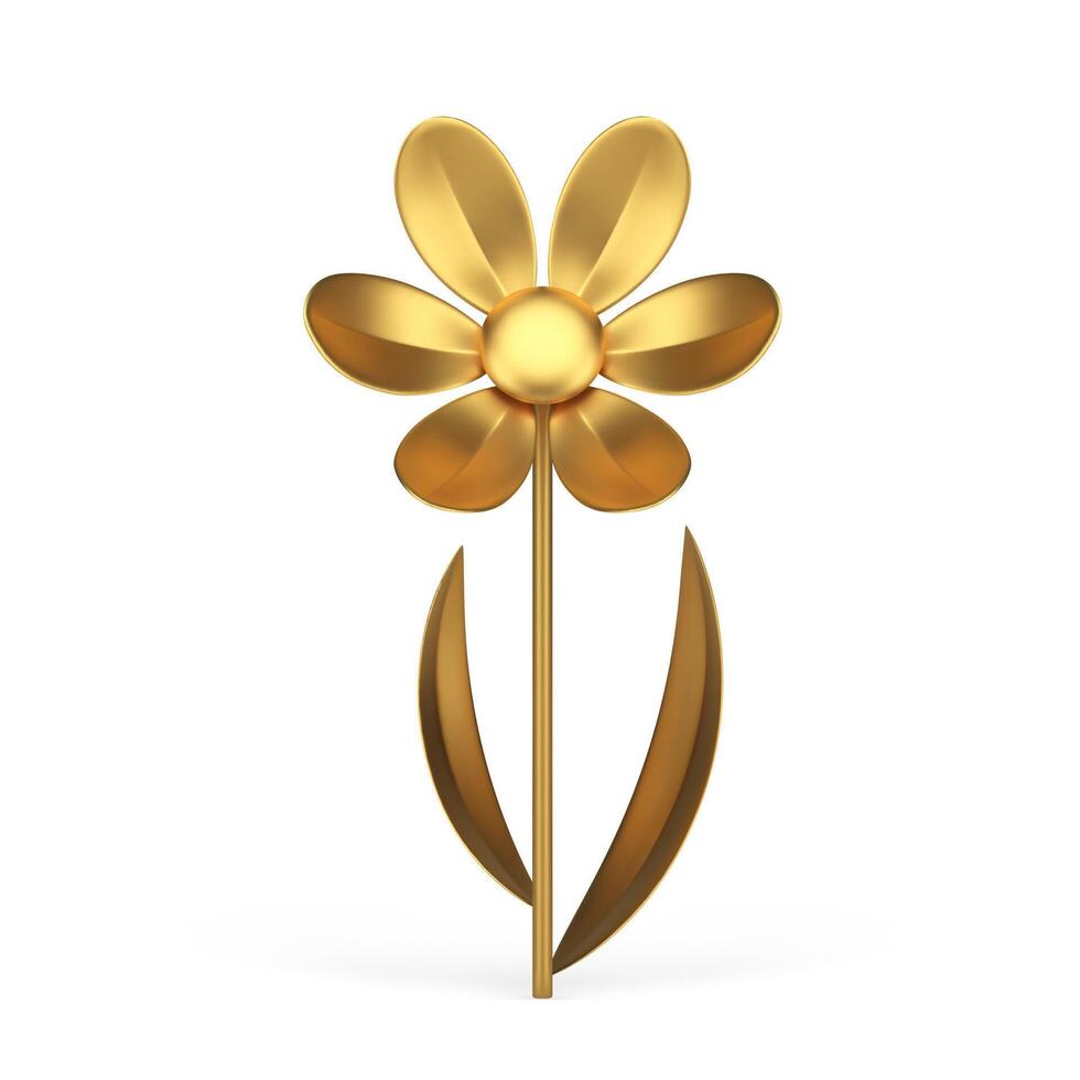 Chamomile golden plant with bud and stem leaves premium metallic design 3d icon realistic vector