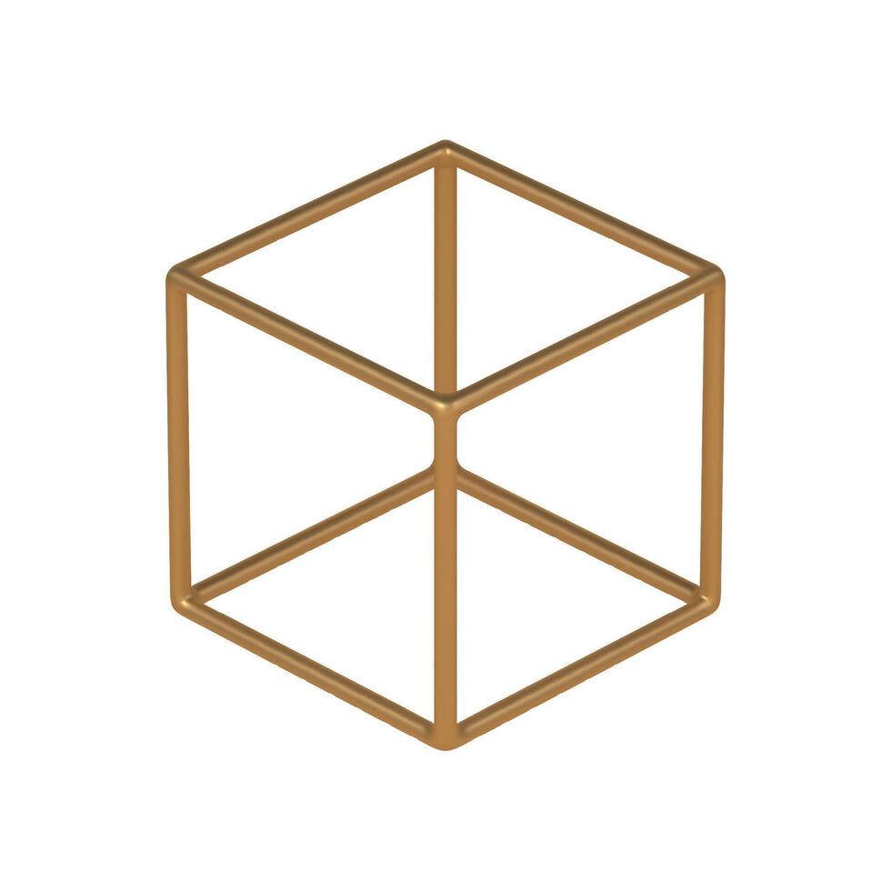 Gold 3d cubic frame template. Digital design piece with geometric perspective for creative technology interiors. vector