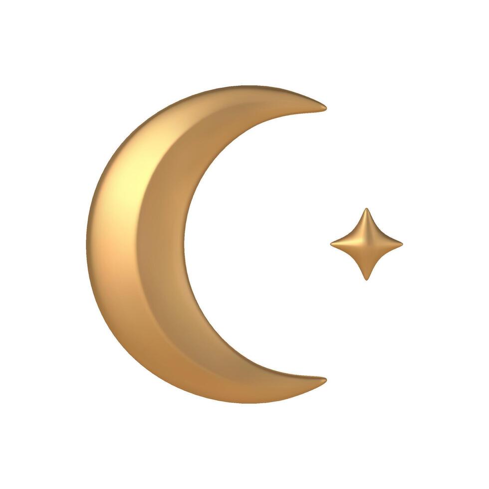 Golden 3d month with star template. Geometric symbol muslim holiday of ramadan made elite metal. vector